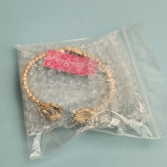 Lilly Pulitzer Hinged Bracelet Twist E Seashell Gold Tone Sparkling Pave Elegant - Picture 10 of 10